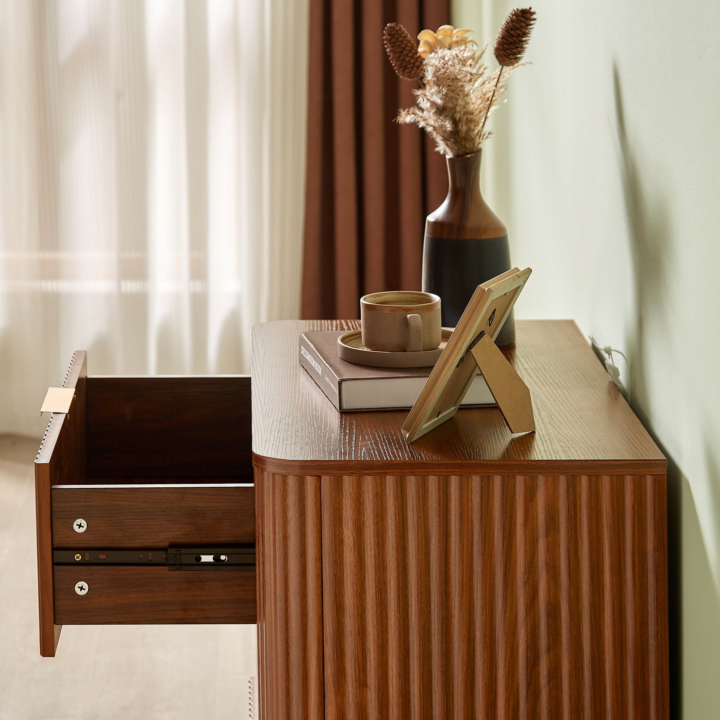 3-Drawer Nightstand Set of 2, 23.6 in Wide, Curved Wave Design, Walnut