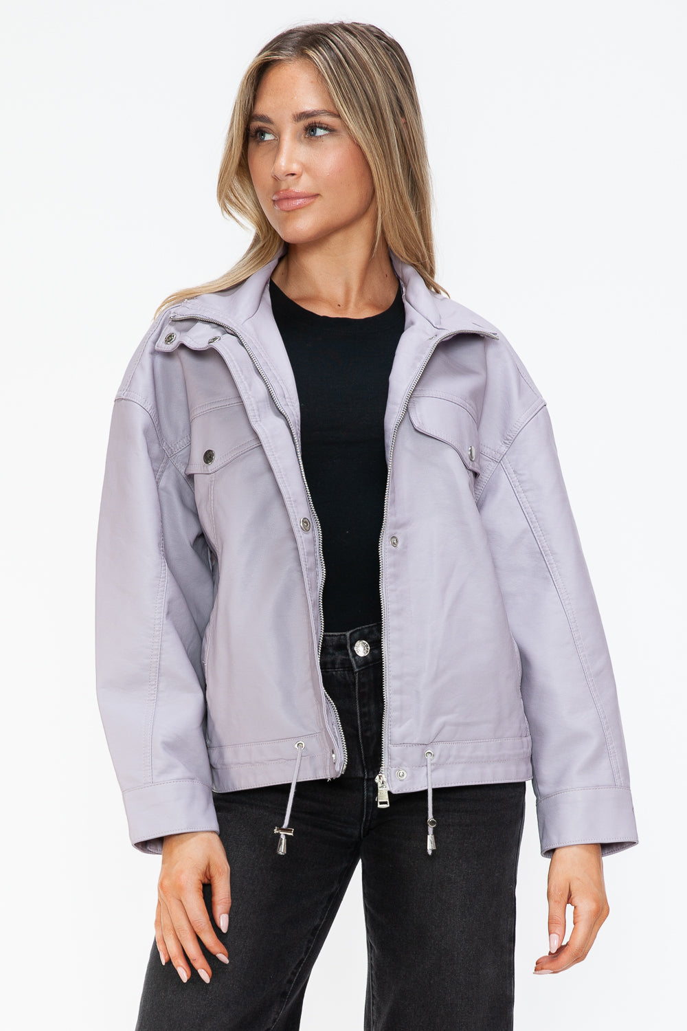 How Dare U Drawstring Hem PU Leather Zip Up Jacket