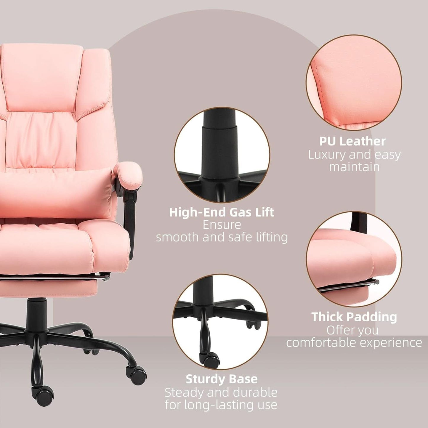 Pink Massage Office Chair With 6 Vibration Points Footrest