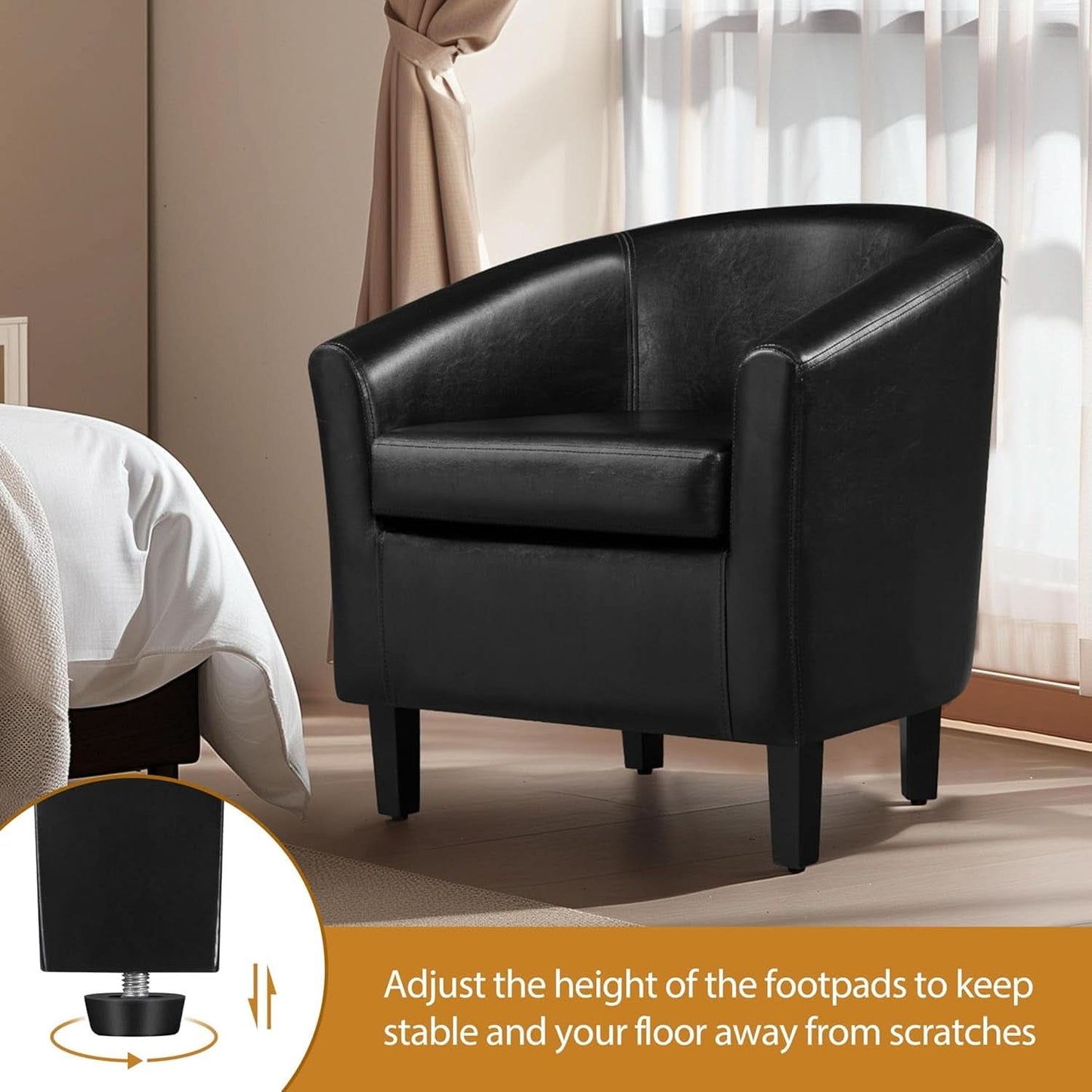 Black Synthetic Leather Barrel Armchairs With Cushions