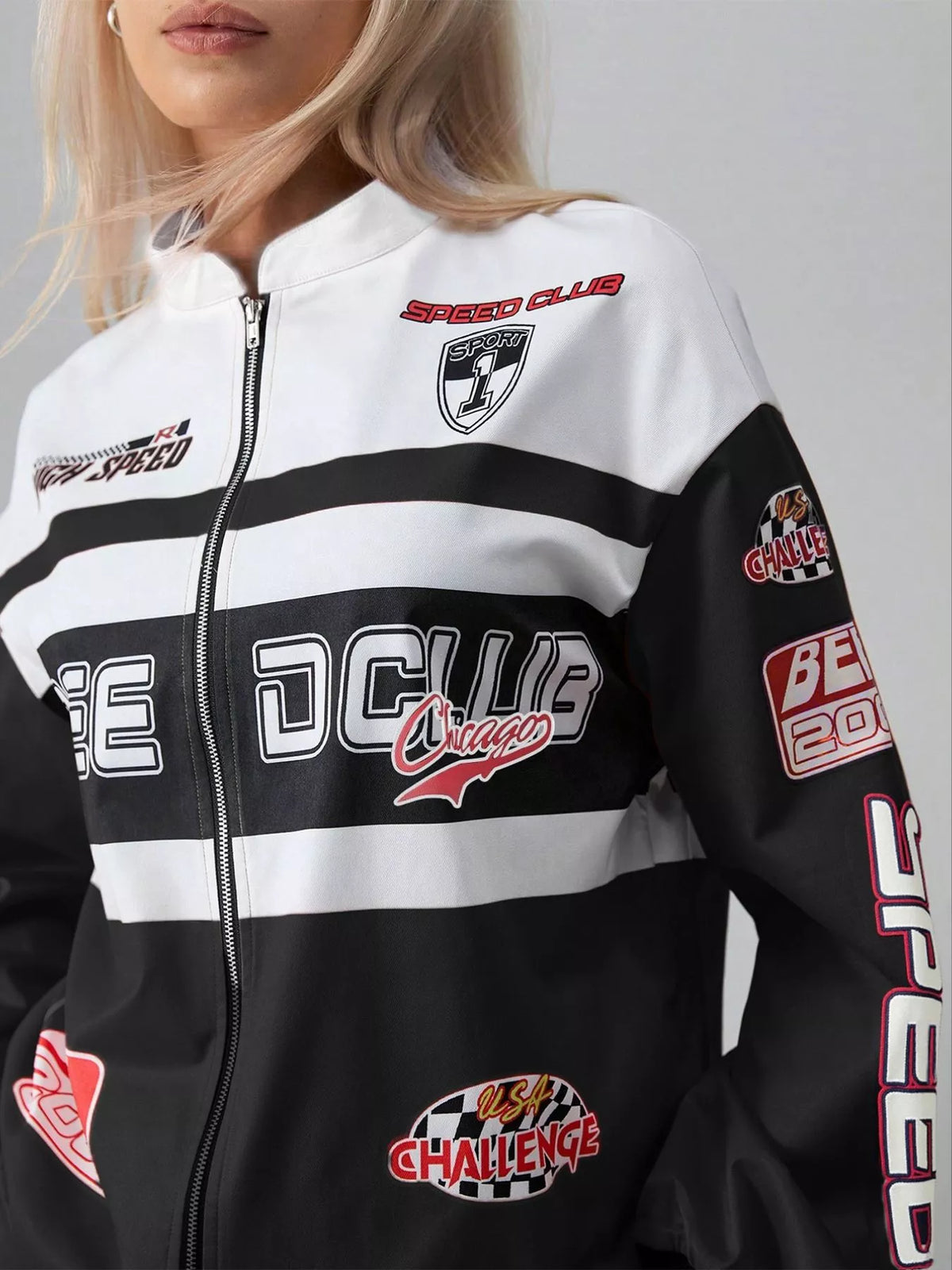 Letter Zip Up Dropped Shoulder Jacket