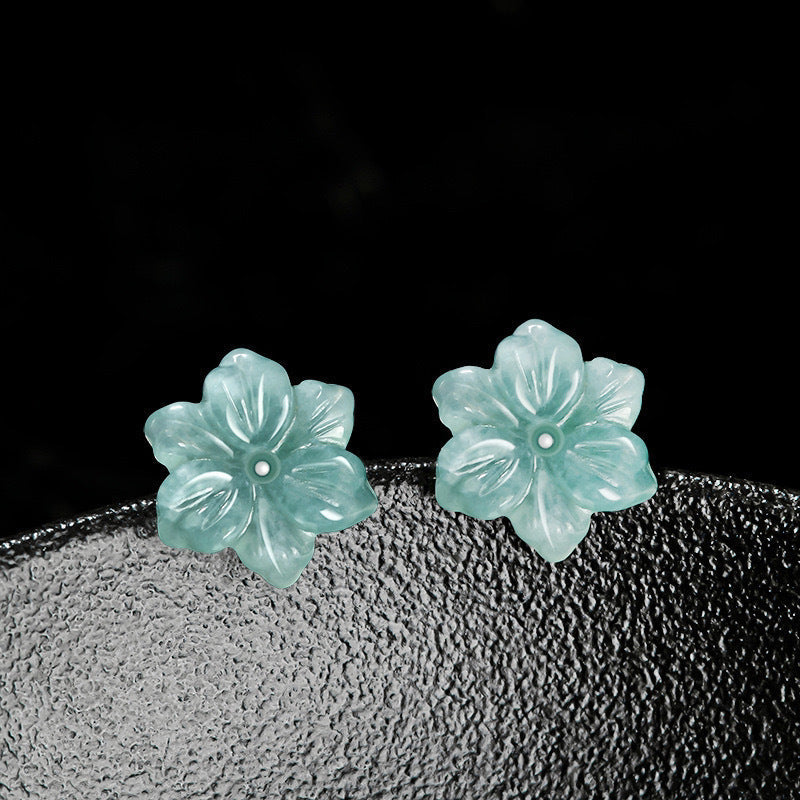 New Elegant Natural Jadeite Blue Water Orchid Earrings