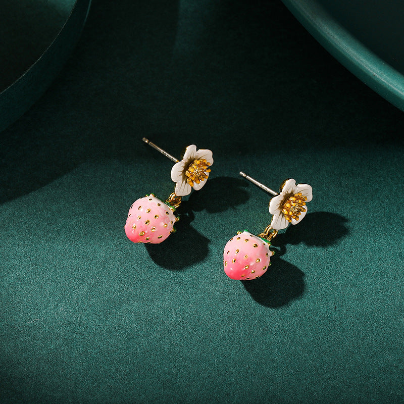 Enamel Strawberry Silver Needle Earrings For Women