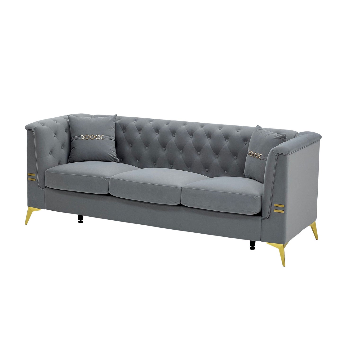 Mid-Century Velvet Sofa Set 2pc Tufted Gray Gold Legs