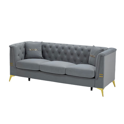 Mid-Century Velvet Sofa Set 2pc Tufted Gray Gold Legs