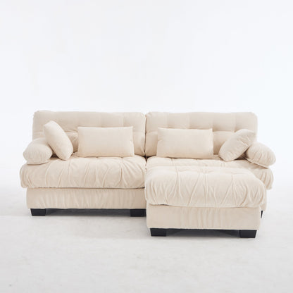 Sectional Sofa L-Shape Cloud Flannelette Beige 3 Seat 88 In 4 Pillows