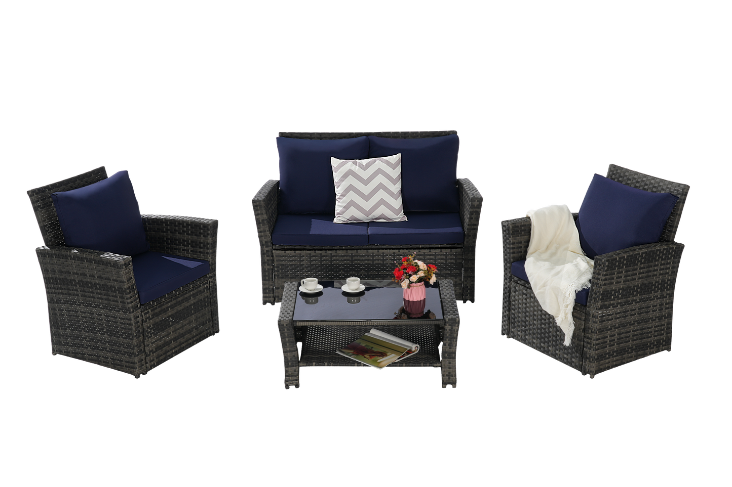 Outdoor Patio Set PE Rattan Steel Dark Blue 4 Piece Glass Seats 4
