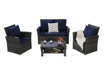 Outdoor Patio Set PE Rattan Steel Dark Blue 4 Piece Glass Seats 4