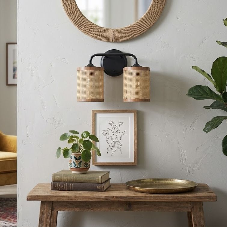 Quell - Double Light Vanity With Natural Shade Wall Lamp - Black / Rattan