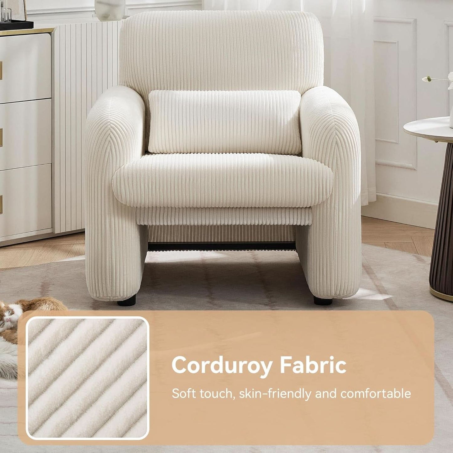 Corduroy Upholstered Accent Chair White Lumbar Pillow