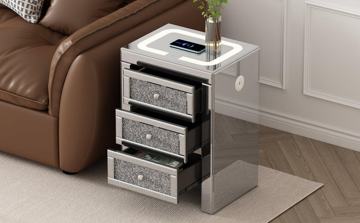 U-Can 15.7 "W silver rectangular mirror coffee table with wireless and USB charging function, LED lights, crystal style handle