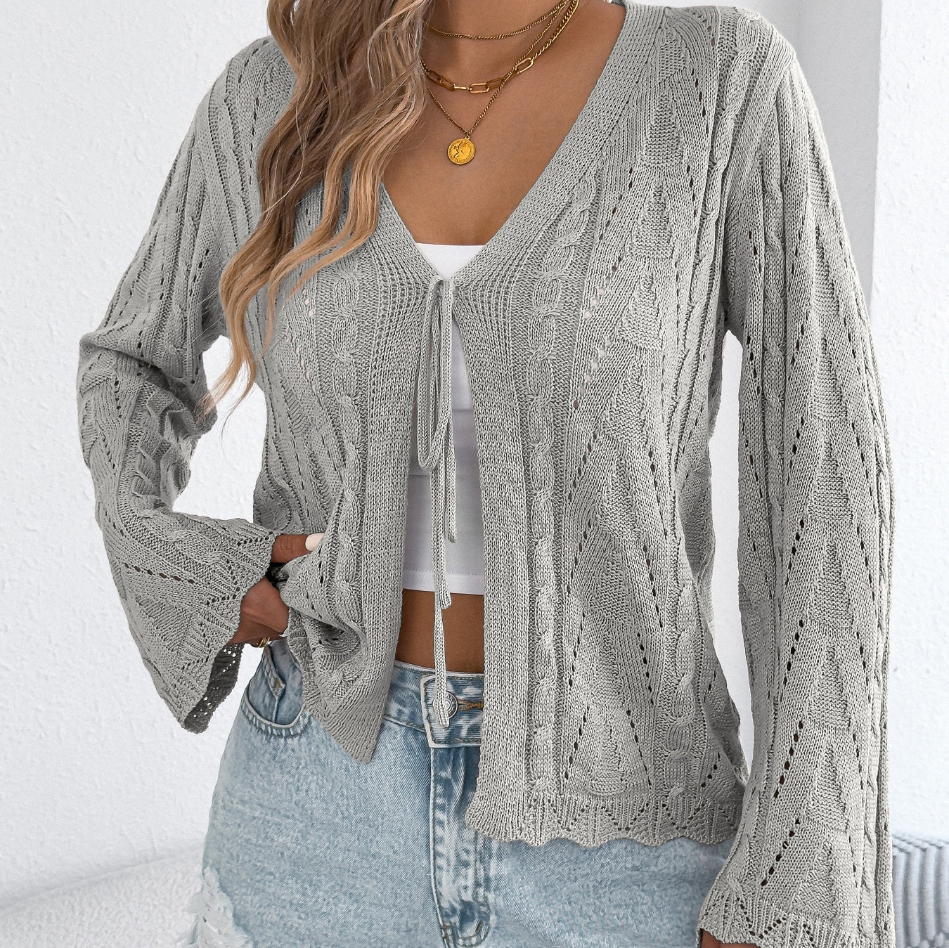 Solid-color Hollow-out Lace-up Flared-sleeve Knit Top For Women