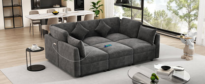 Sectional Sofa U-Shape Modular Chenille Black 5-Seat USB Ports 86.6x61.4 In