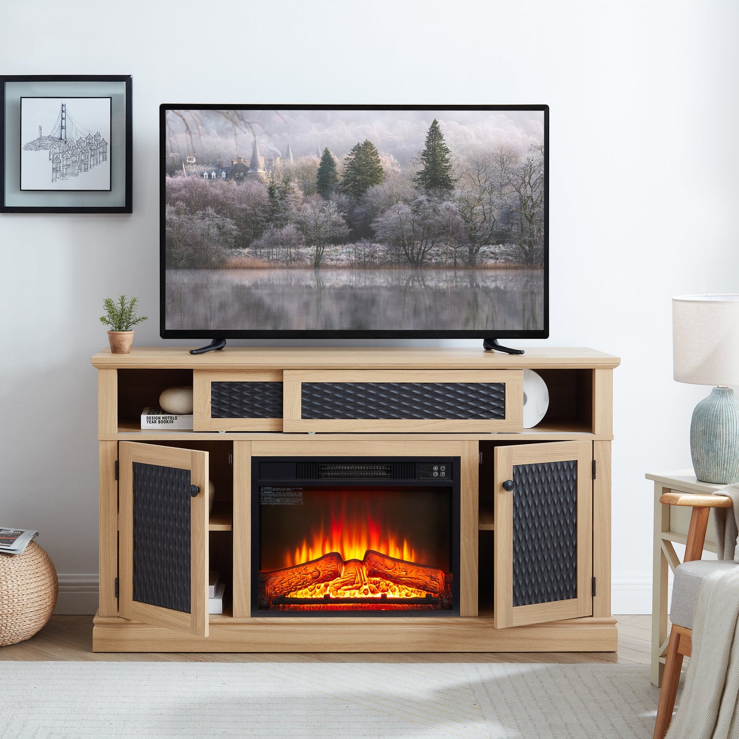 TV Stand Fireplace Light Oak MDF Embossed Doors 1400W Fits 65 In TV 58.27 In