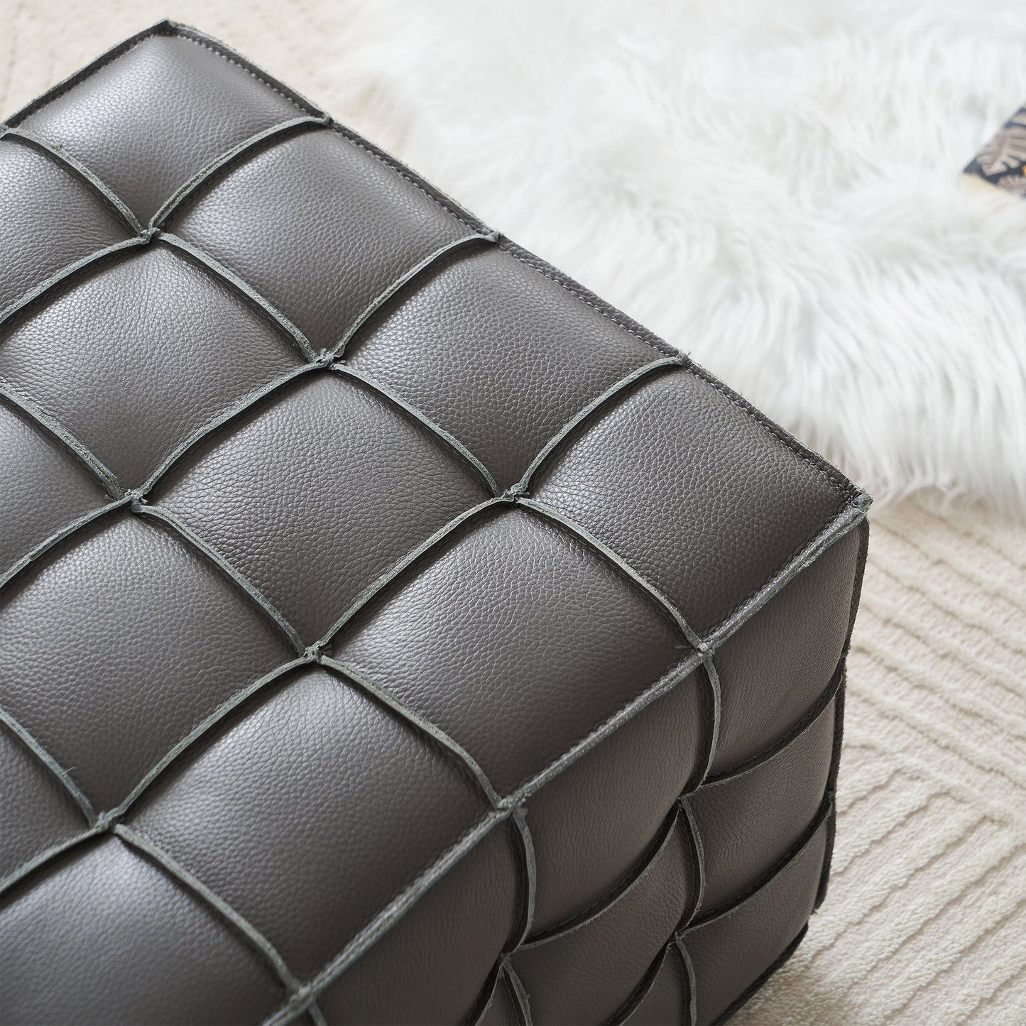 17.32 Inch Quality Leather Tufted Square Ottoman Footstool, Grey