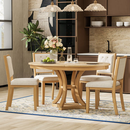 5-Piece Retro Functional Dining Table Set Extendable Round Table and 4