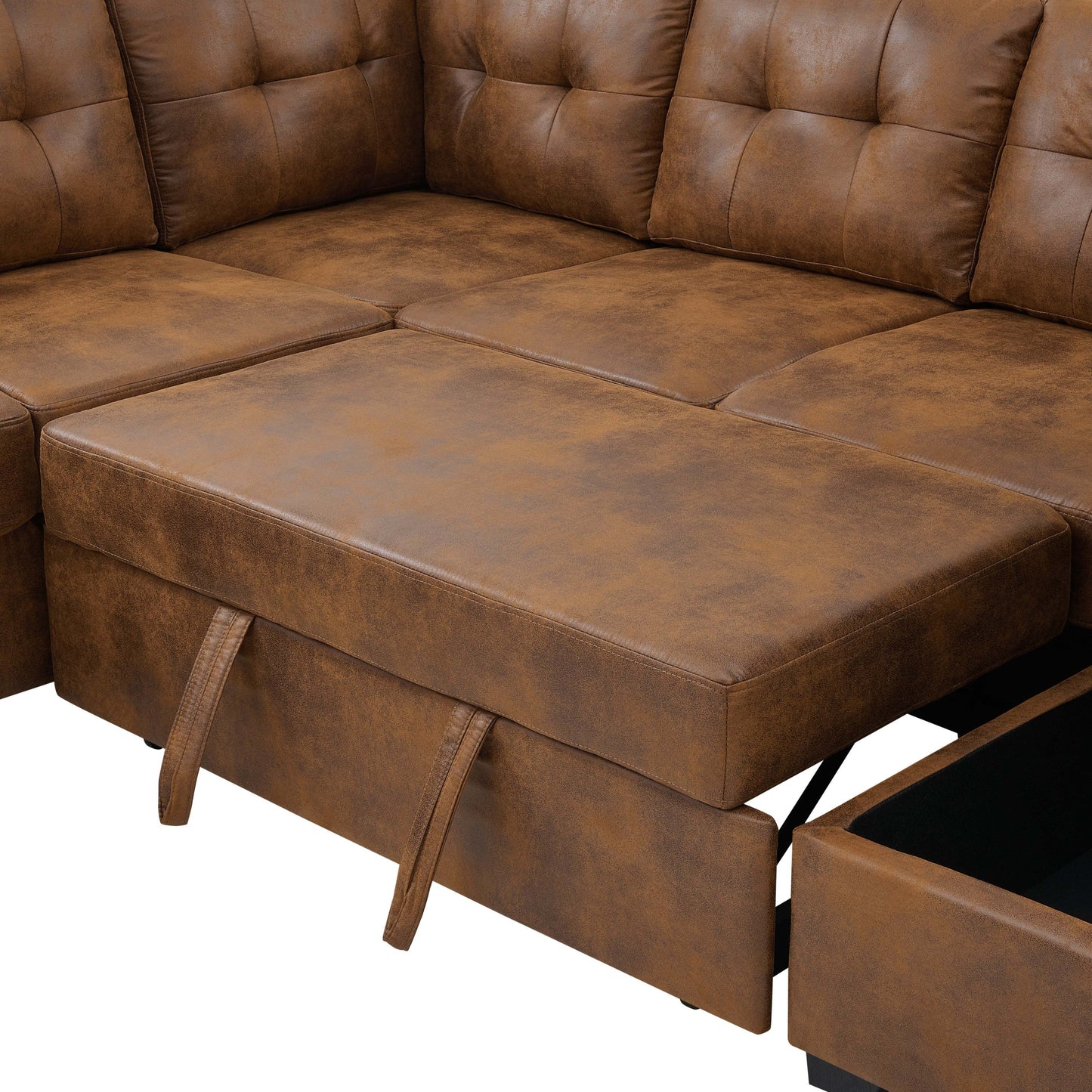 Sofa Bed U-Shape Faux Leather Brown Sleeper Storage Chaise 114 In