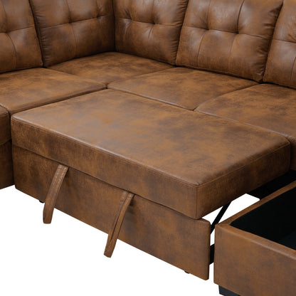 Sofa Bed U-Shape Faux Leather Brown Sleeper Storage Chaise 114 In