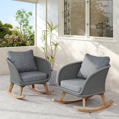 Outdoor Rocking Chair Rope Wood Gray Natural Set of 2 29.5in