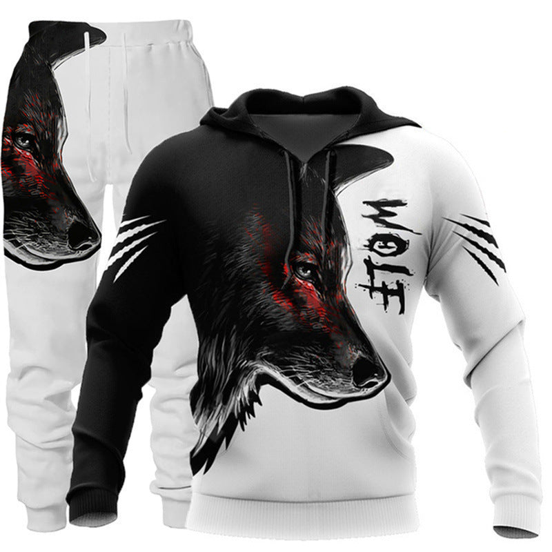 Animal-print Hooded Pullover Sweatshirt And Menswomens Sportswear Set