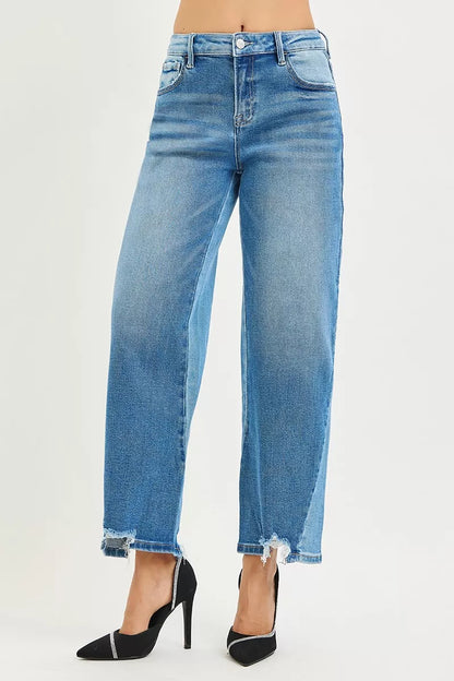 RISEN Full Size Slouchy Cropped Barrel Jeans with Contrast Wash Plus Size