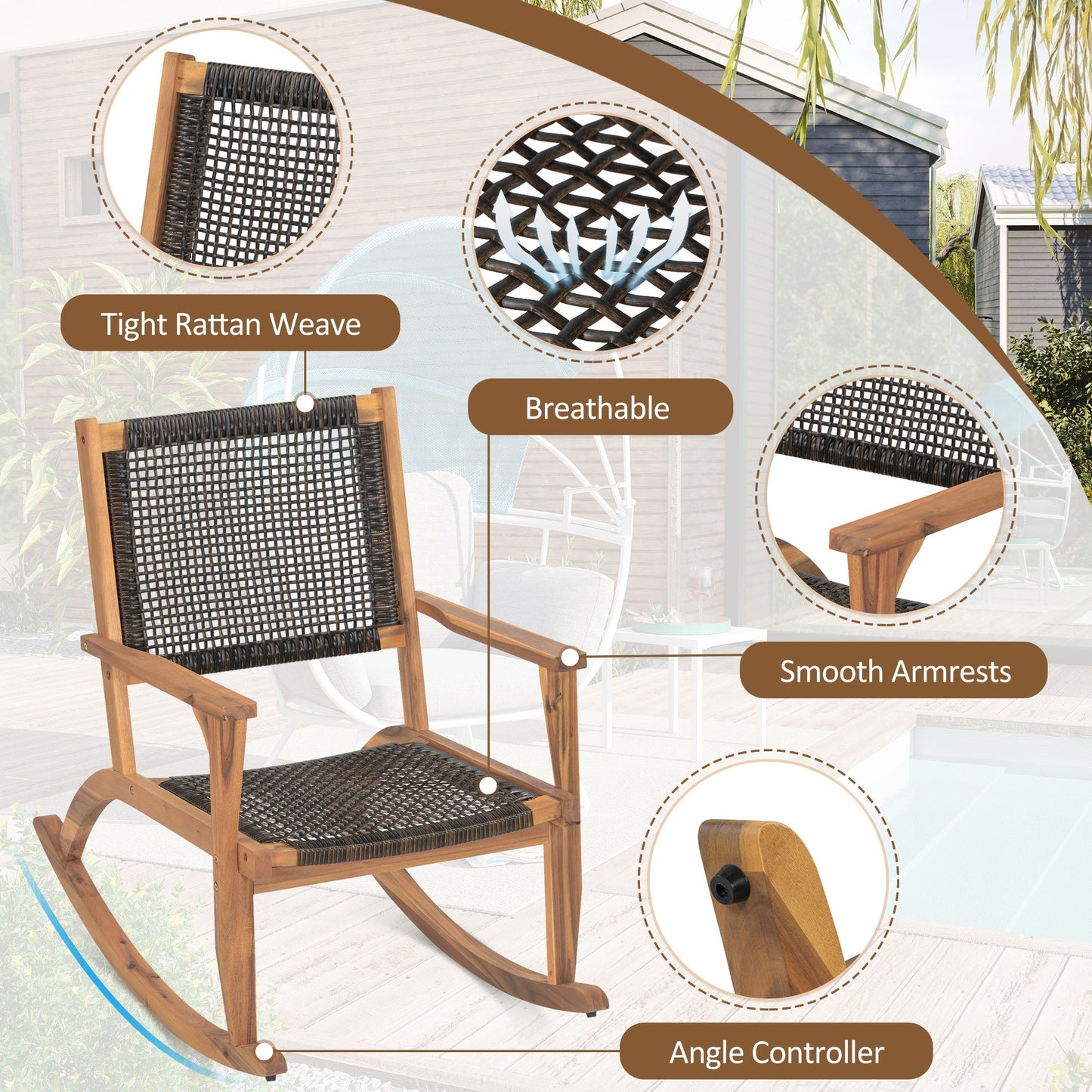 Outdoor Rocking Chair Acacia Wood Wicker Dark Brown Set 2