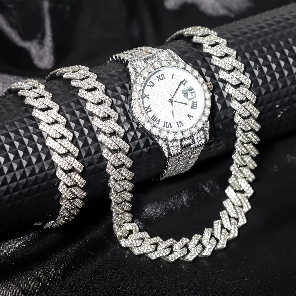 Hip-hop Watch Bracelet And Necklace Set