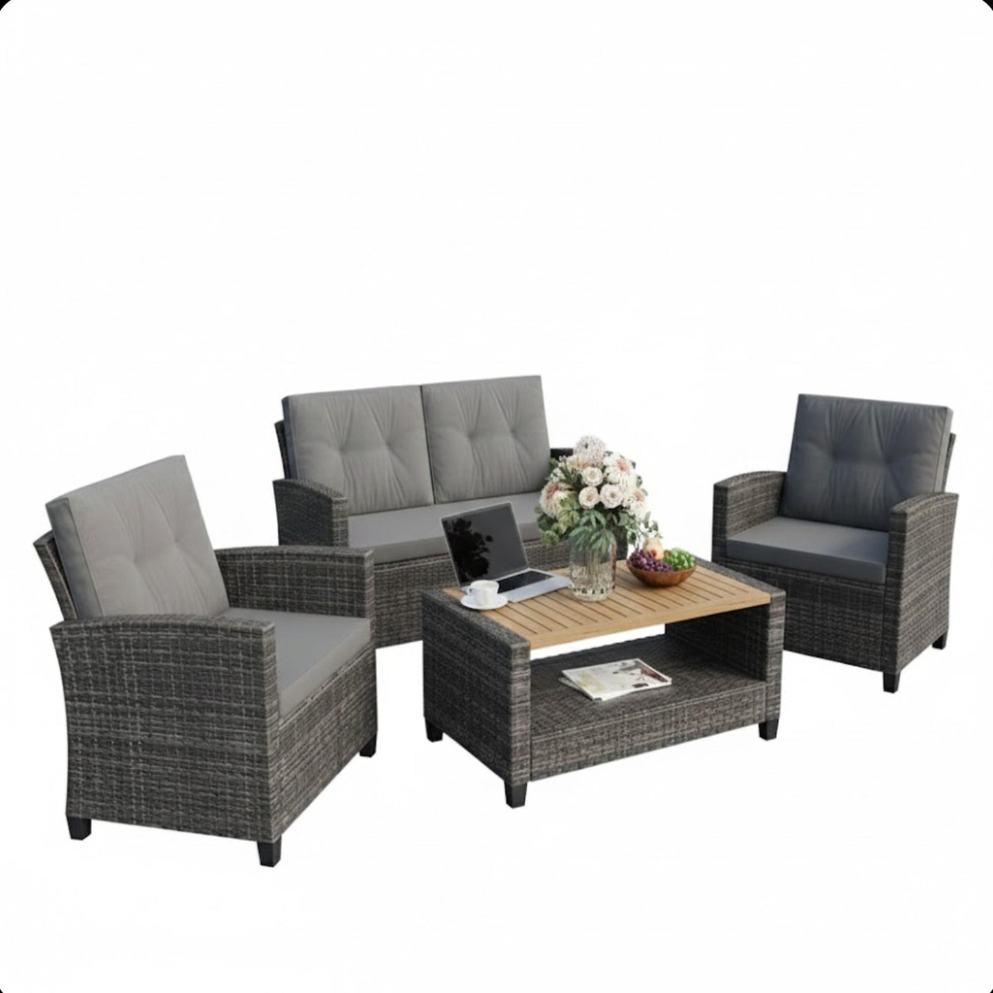 Outdoor Patio Set PE Rattan Gray 4 Piece Loveseat Chairs Acacia Table