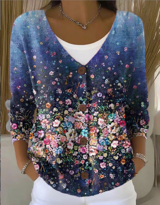 Womens Printed Knitted Sweater With Buttons Printed Cardigan