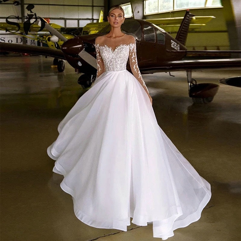 Embroidered long sleeve off the shoulder wedding dress
