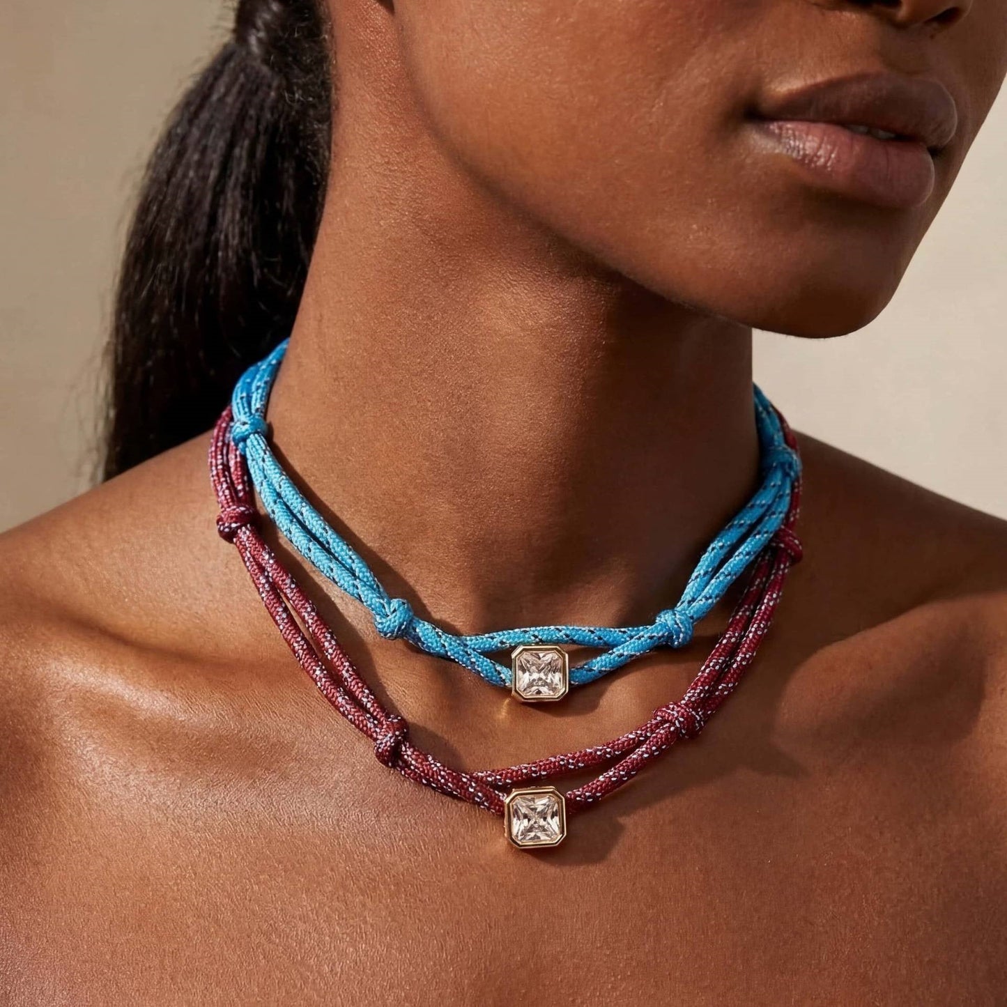 Double-rope Knotted Necklace Layered With A Band