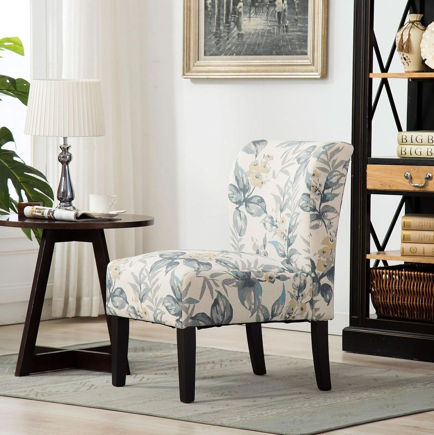 Armless Contemporary Chair With Blue Leaves Upholstery