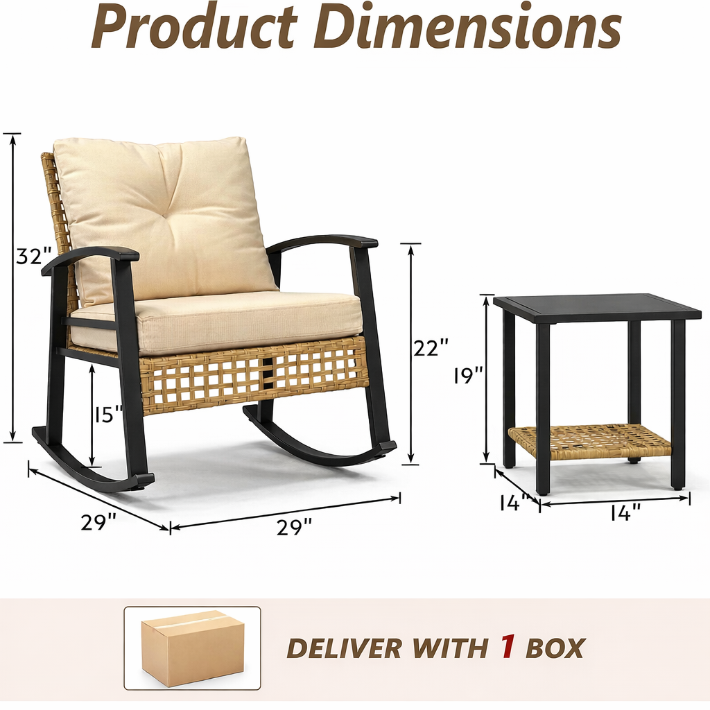 Outdoor Rocking Chair Set Iron Wicker Beige Yellow 3 Piece Table