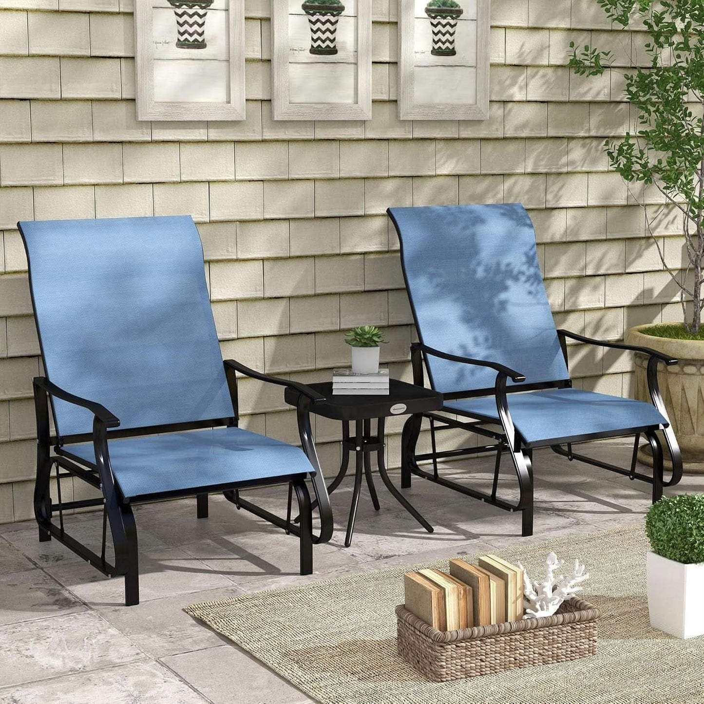 Light Blue Outdoor Glider Set With Steel Frame Glass Table