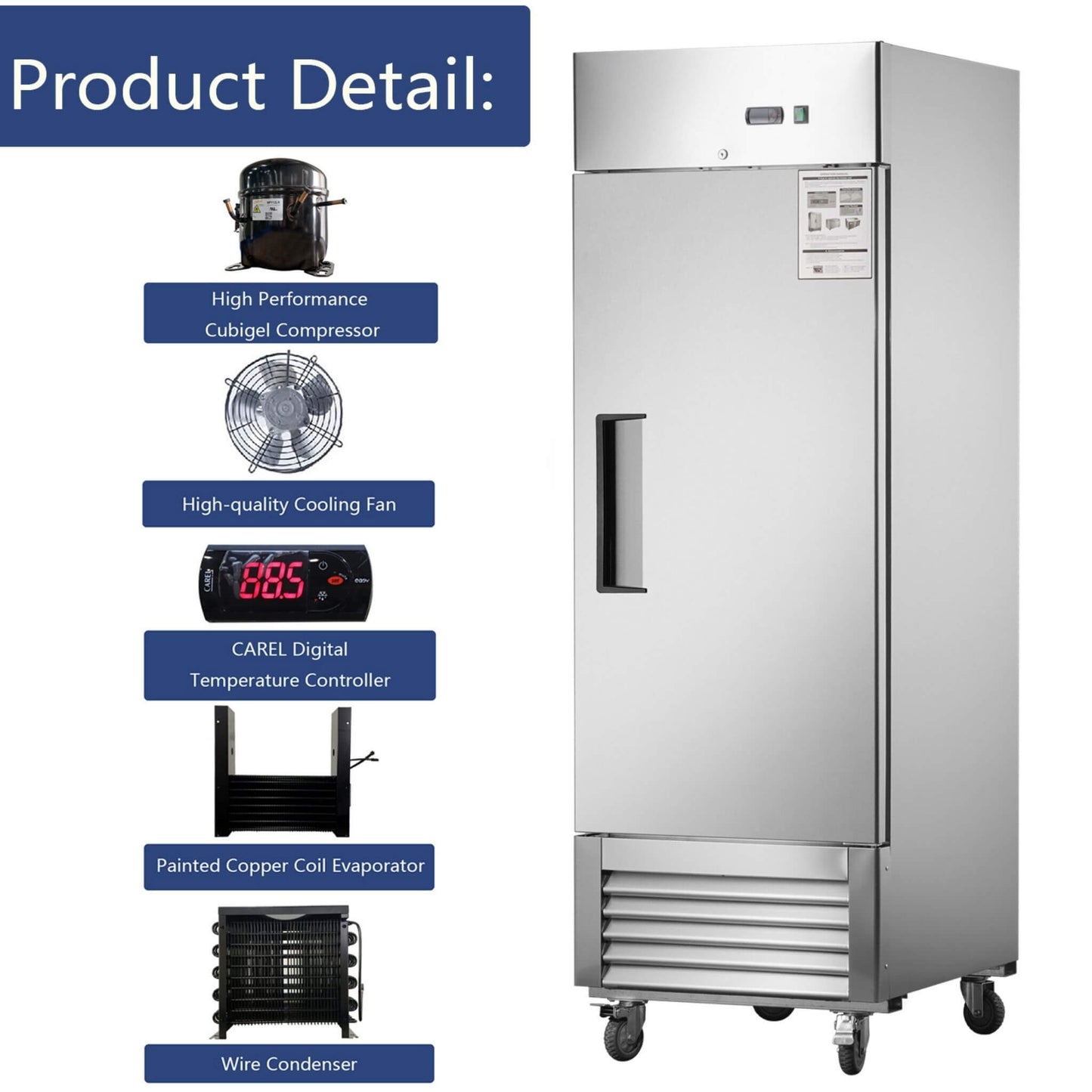 Heavy-Duty 27-Inch 8.7 Cu.Ft Commercial Upright Stainless Steel Reach-In Freezer (SAK43815)