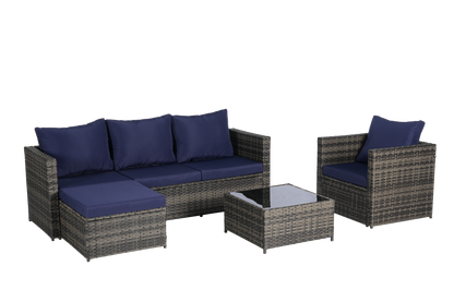 Outdoor Sectional Set PE Rattan Steel Dark Blue 4 Piece Seats 6 380 LB