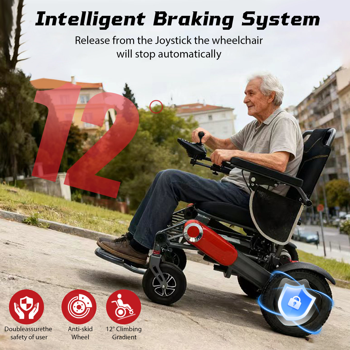 Wheelchair Electric Foldable Aluminum 40 Mile Dual Battery Black Red 42 In