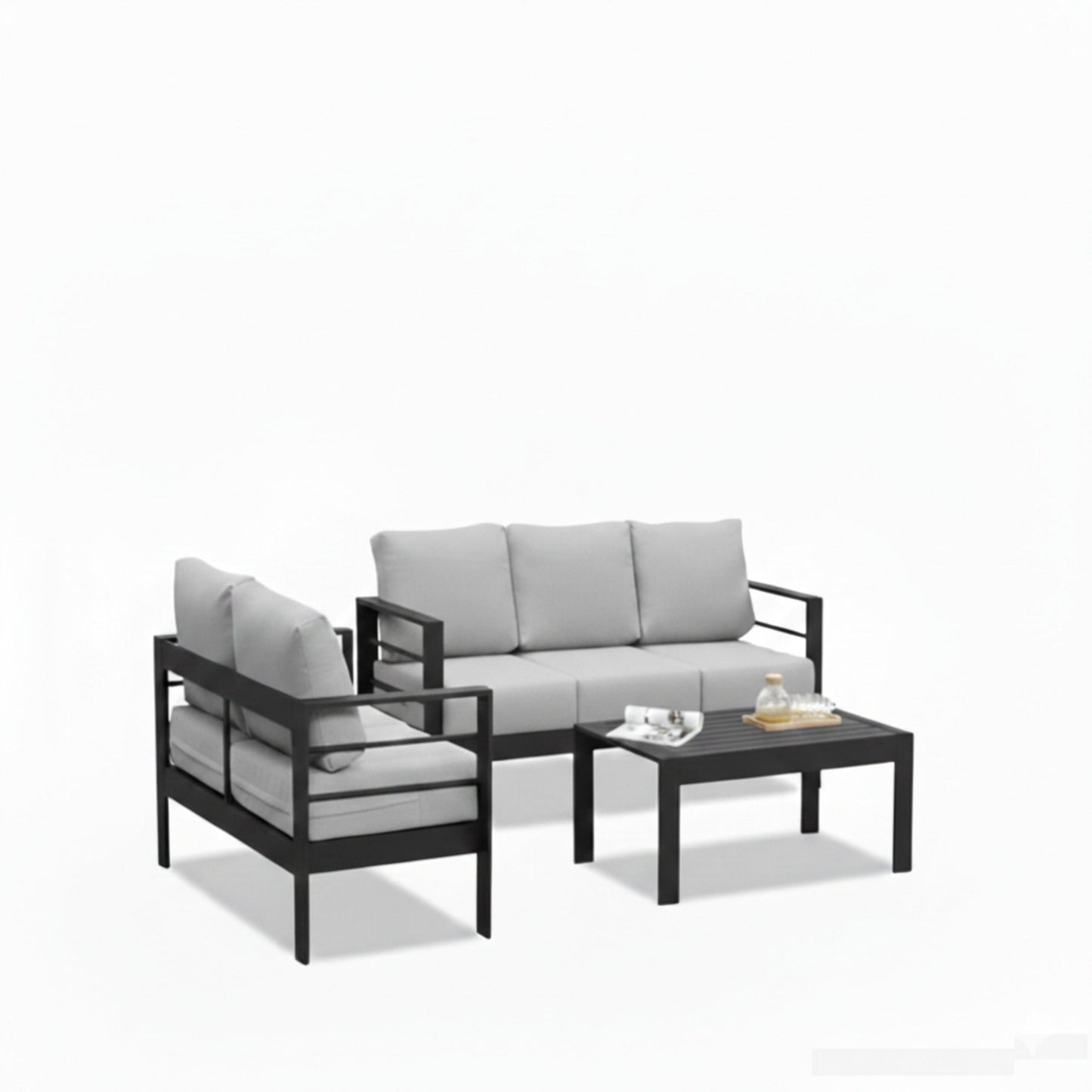 3 Piece Outdoor Patio Set Aluminum Black Gray Cushions