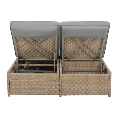 Outdoor Double Sunbed, Wicker Rattan Patio Reclining Chairs with Adjustable