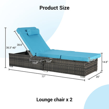 Chaise Lounge PE Rattan Steel Light Blue 5 Position Set of 2 600 LB