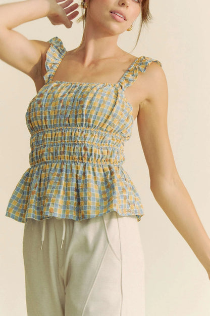 Davi & Dani Plaid Ruffled Strap Smocked Sleeveless Top