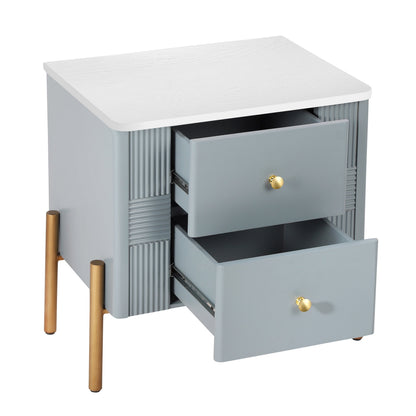 Modern Fluted Nightstand with 2 Drawers, Gold Metal Legs and Handles, Blue