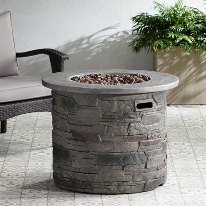 Transitional Outdoor 32 Inch Round MGO Propane Fire Pit Table, Stone Gray