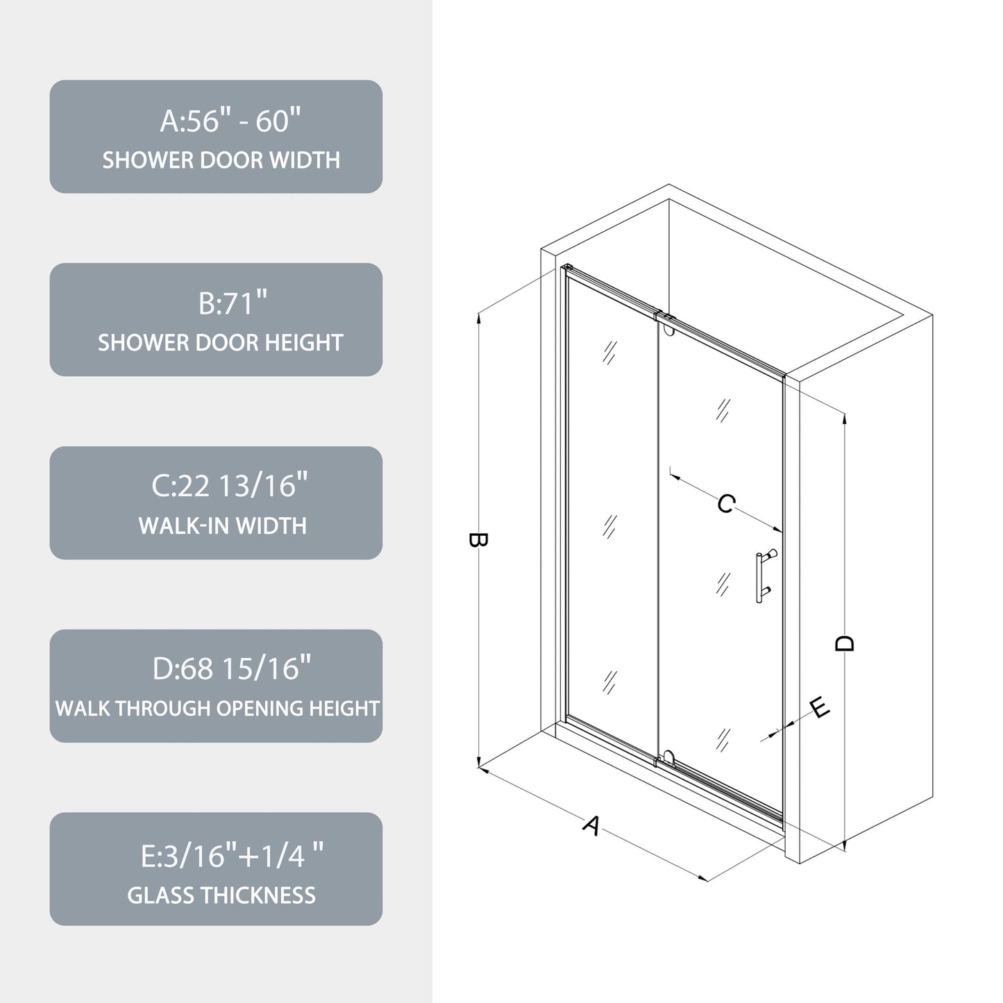 56-60in W x 71in H Pivot Swing Glass Shower Door, Matte Black, 6mm Clear SGCC