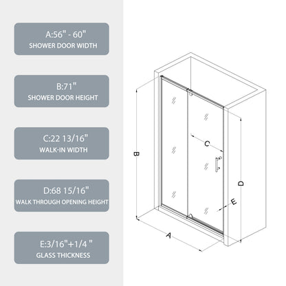 56-60in W x 71in H Pivot Swing Glass Shower Door, Matte Black, 6mm Clear SGCC