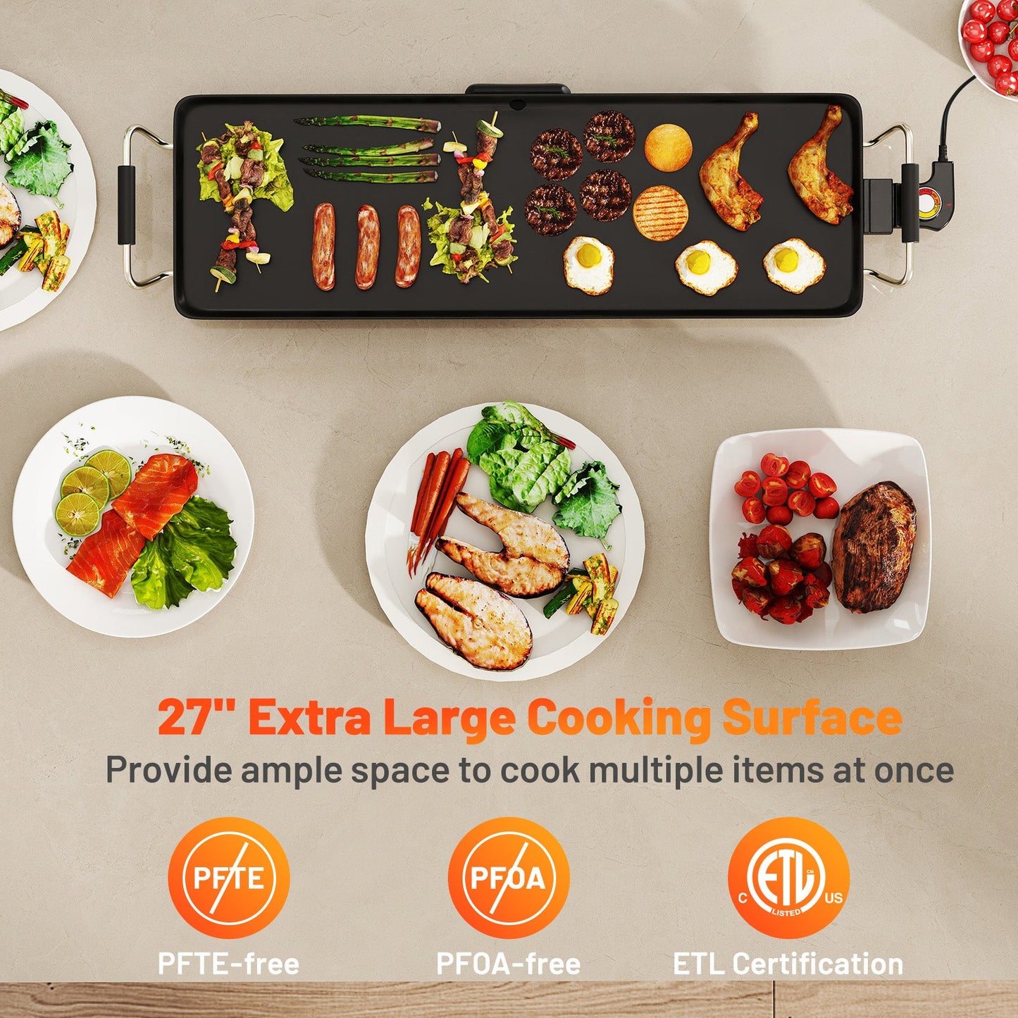 35 Inch Large Electric Griddle Nonstick BBQ Grill with Adjustable Temperature