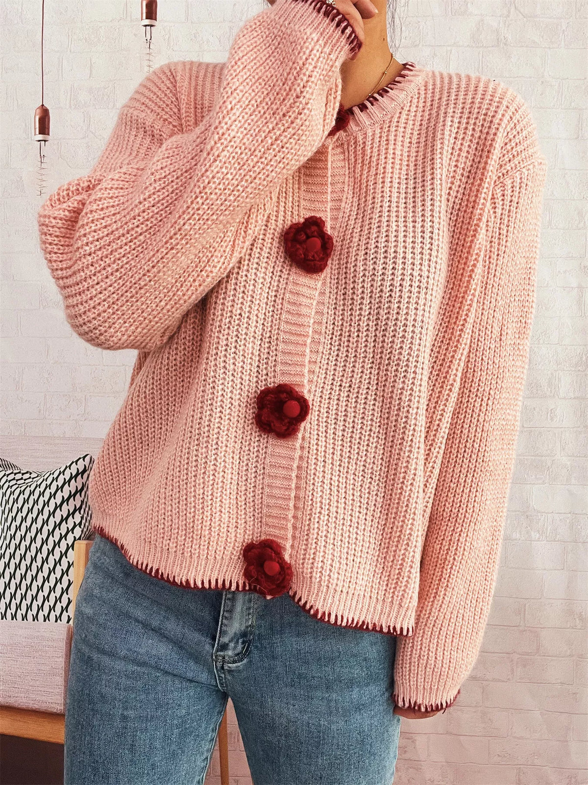 Flower Button Long Sleeve Cardigan