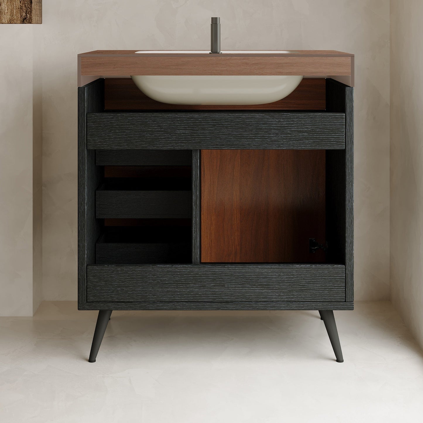 Mid-Century Modern Free-Standing Bathroom Vanity with Ceramic Sink & Sintered Stone Top