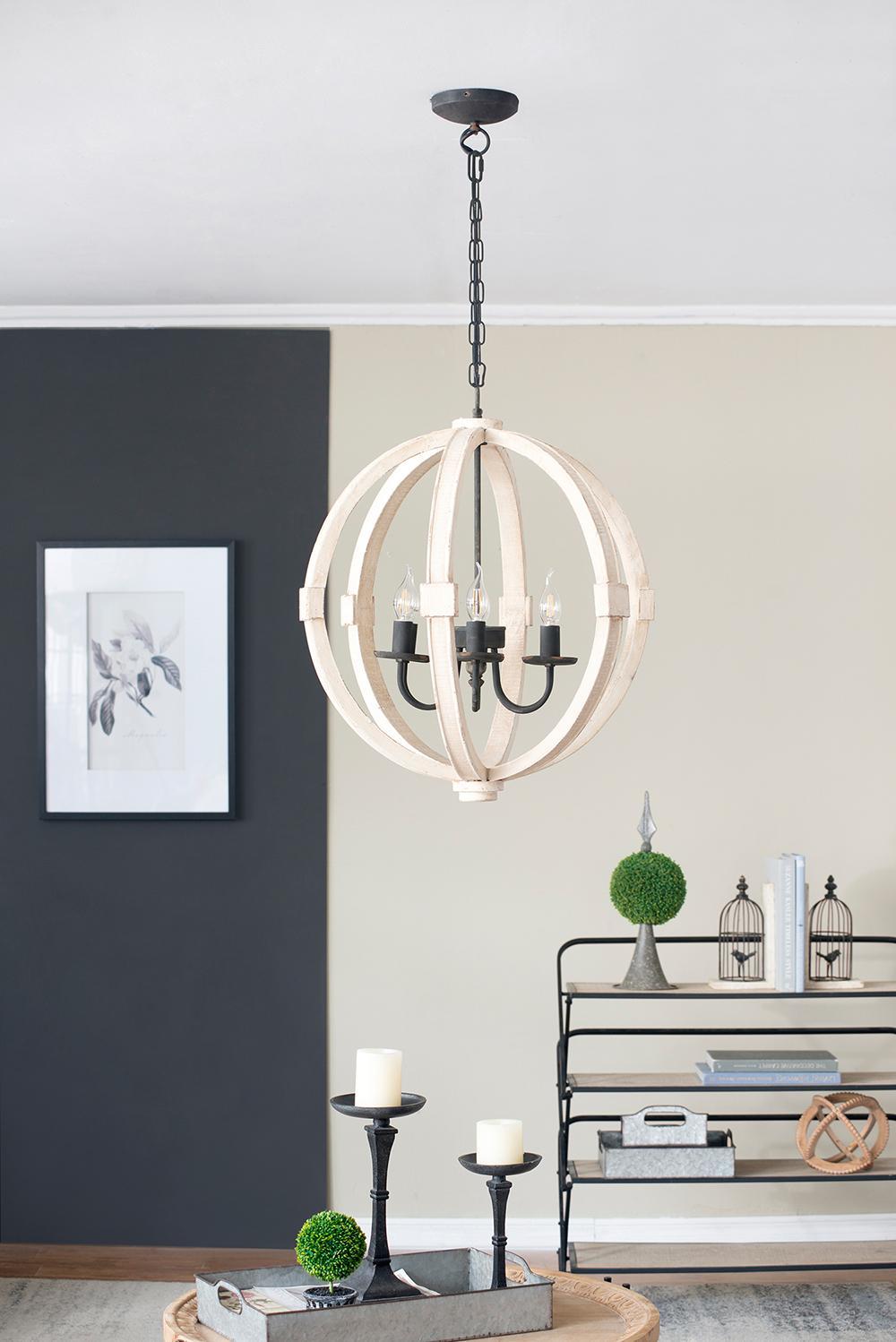 Chandelier Antique Cream 6-Light Pine Wood Iron 22.5 In 26 In