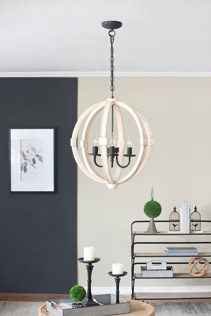 Chandelier Antique Cream 6-Light Pine Wood Iron 22.5 In 26 In